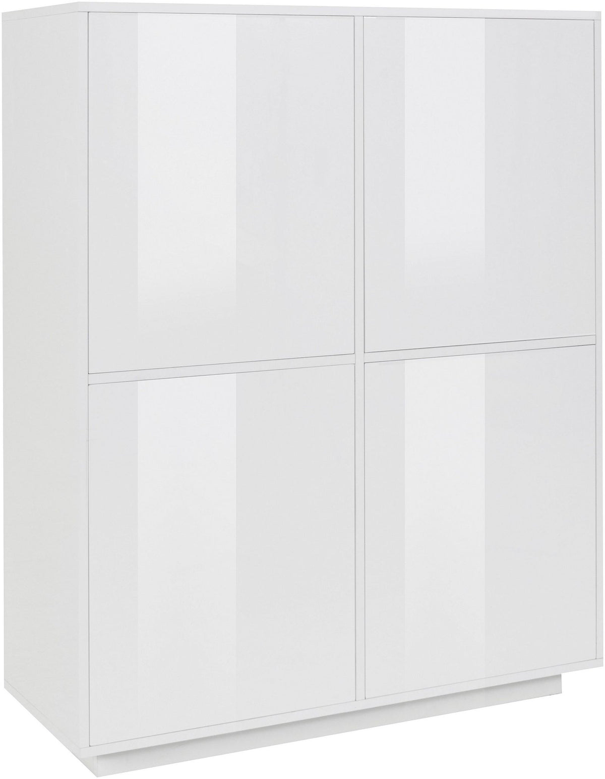 Credenza alta ENIGMA bianco lucido su fondo bianco, vista tre quarti con ante chiuse