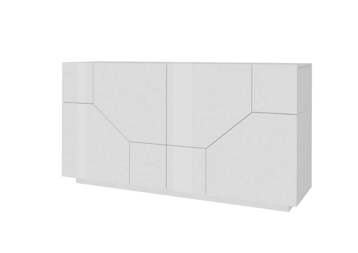 Credenza NEBULA bianco lucido in rendering, vista di tre quarti con pannelli a motivo diagonale