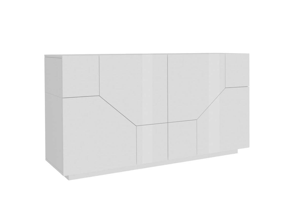 Credenza NEBULA bianco lucido in rendering, vista da sinistra con fianco laterale visibile
