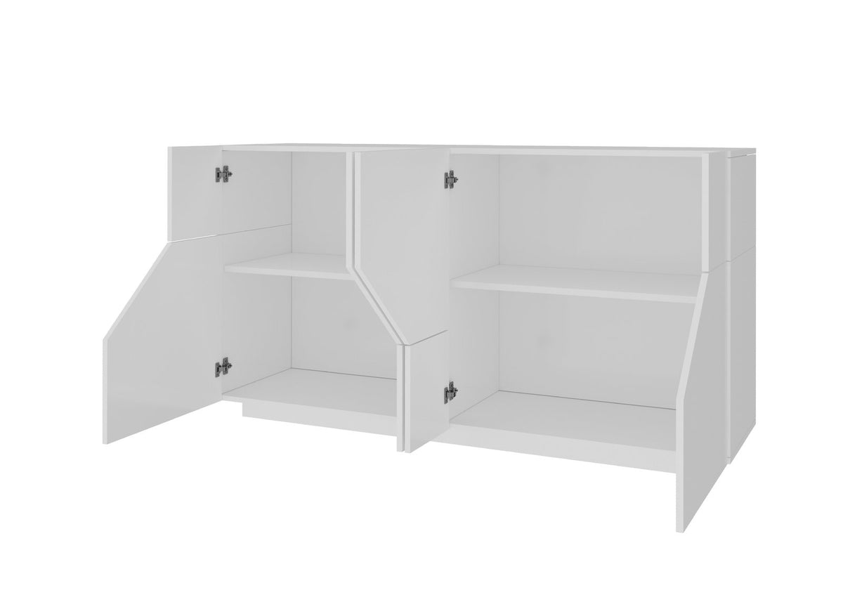 Credenza NEBULA bianco lucido con due vani aperti e cerniere grigie a vista, su sfondo bianco