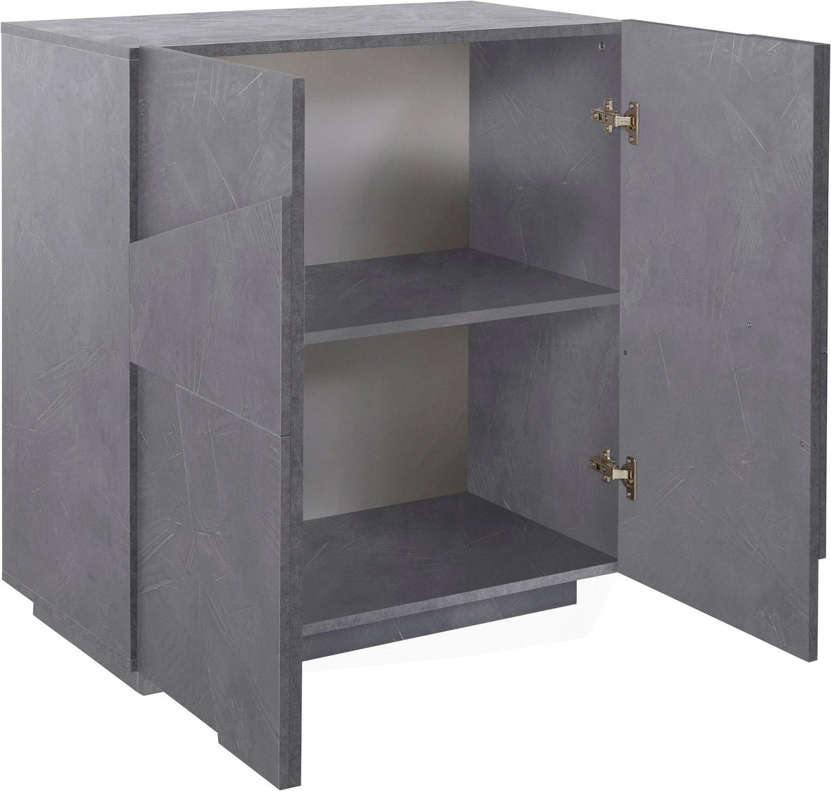 Credenza PULSE ardesia su fondo bianco con anta aperta, vista laterale e ripiano interno #colore_Ardesia