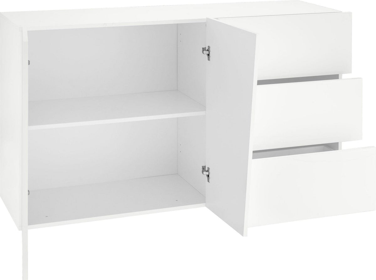 Credenza GALAXIA bianco lucido con anta aperta e vano interno, cassetti impilati, vista laterale