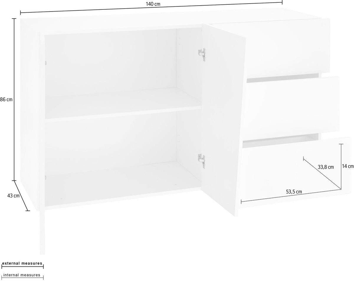 Misure della credenza GALAXIA: 140 cm di larghezza, 86 di altezza, 43 di profondità