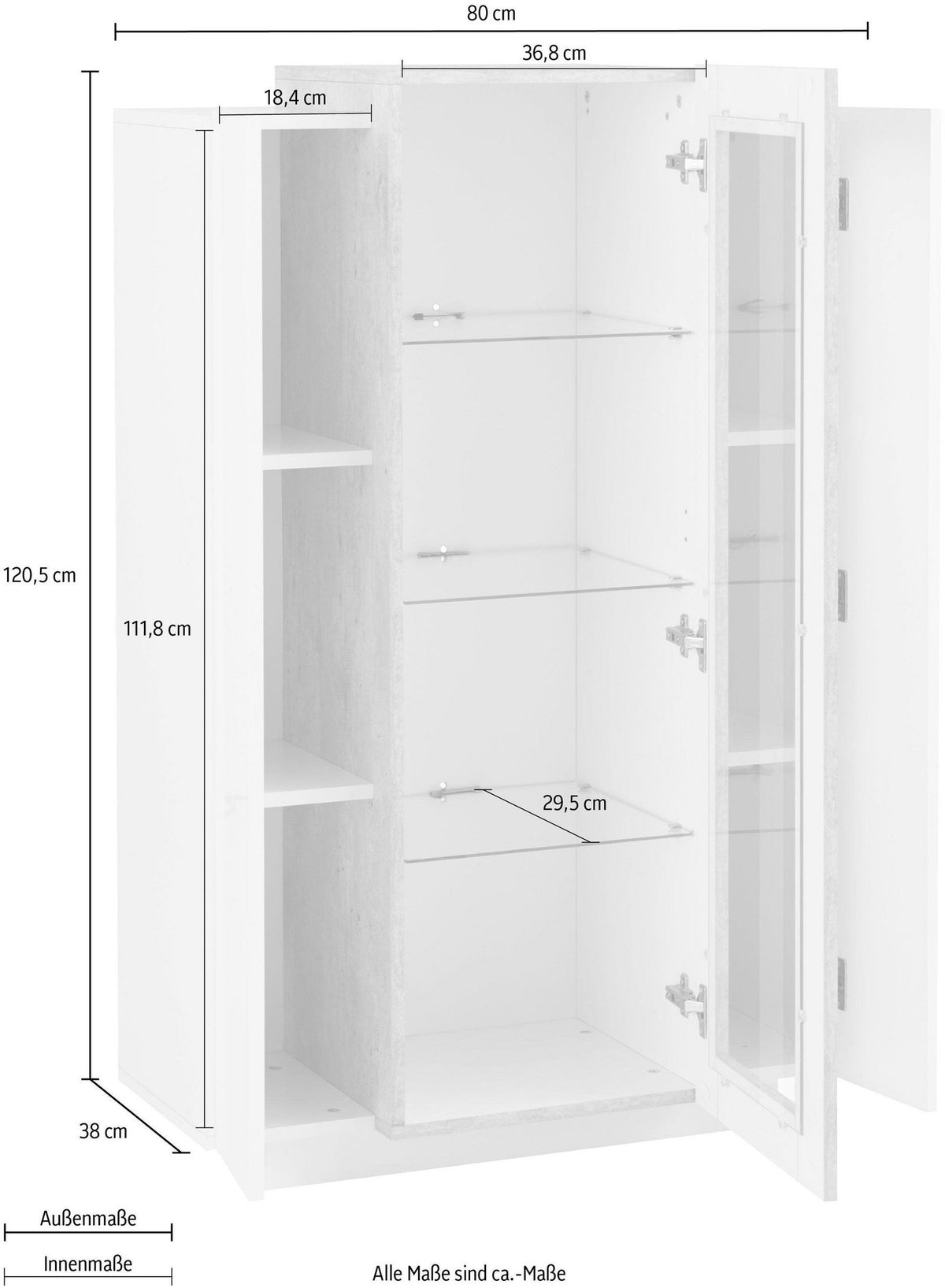 Vetrina CELESTIA bianco lucido e cemento con quote tecniche in centimetri su sfondo bianco #colore_Bianco Lucido/Cemento