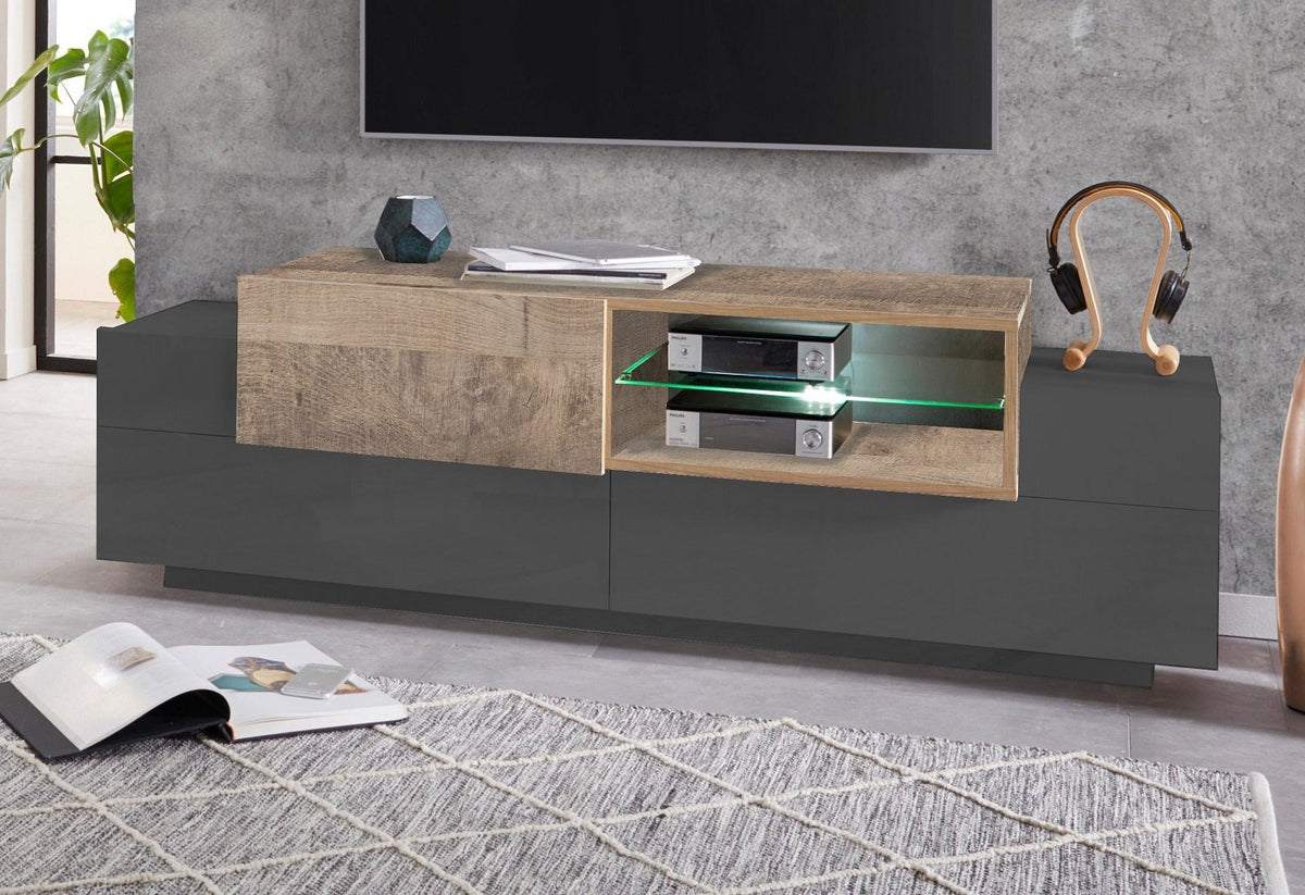 Porta TV ZENITH antracite opaco a due livelli con vano in rovere e luce verde #colore_Antracite Opaco