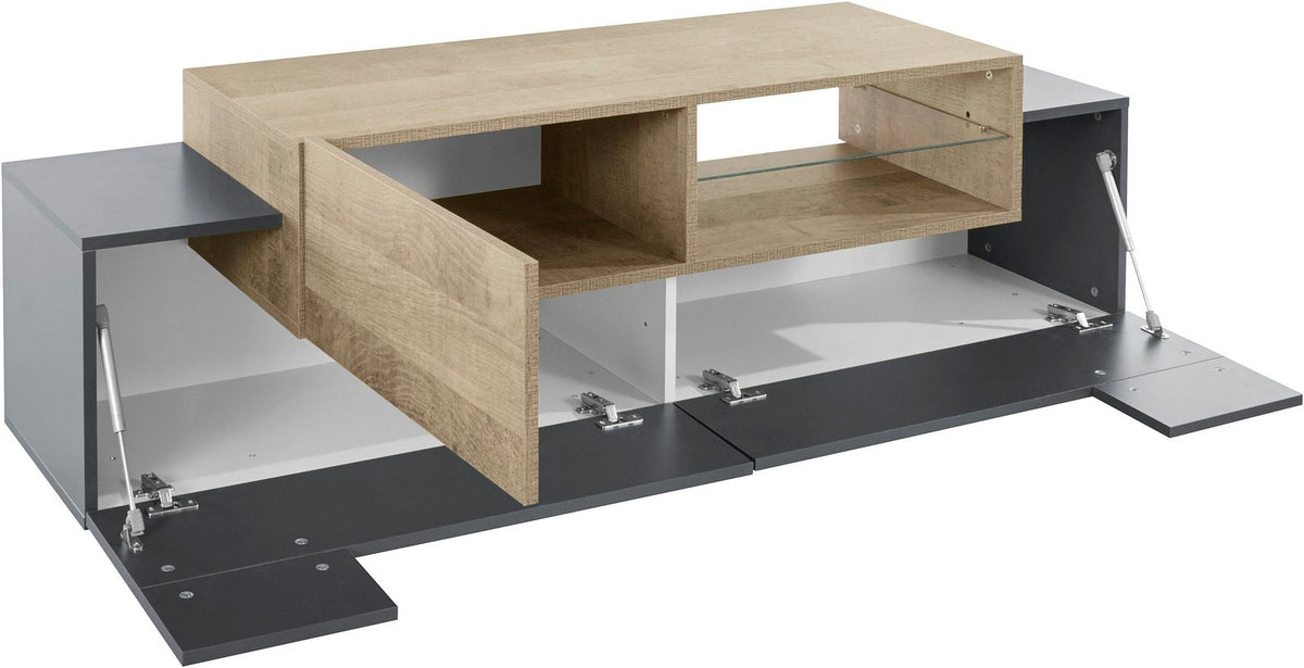 Porta TV ZENITH antracite con ante e ribalte aperte, vani interni bianchi #colore_Antracite Opaco