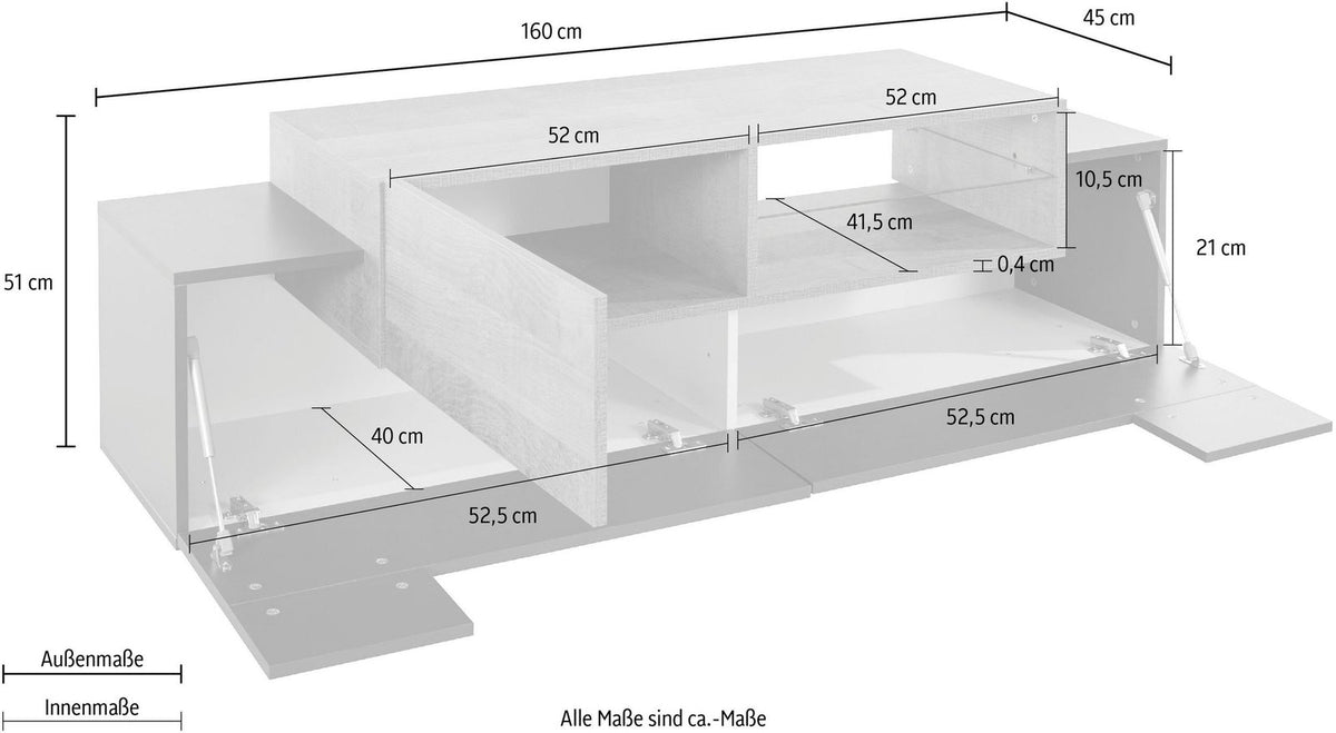 Disegno quotato del porta TV ZENITH antracite: 160 cm di larghezza e 45 cm di profondità #colore_Antracite Opaco