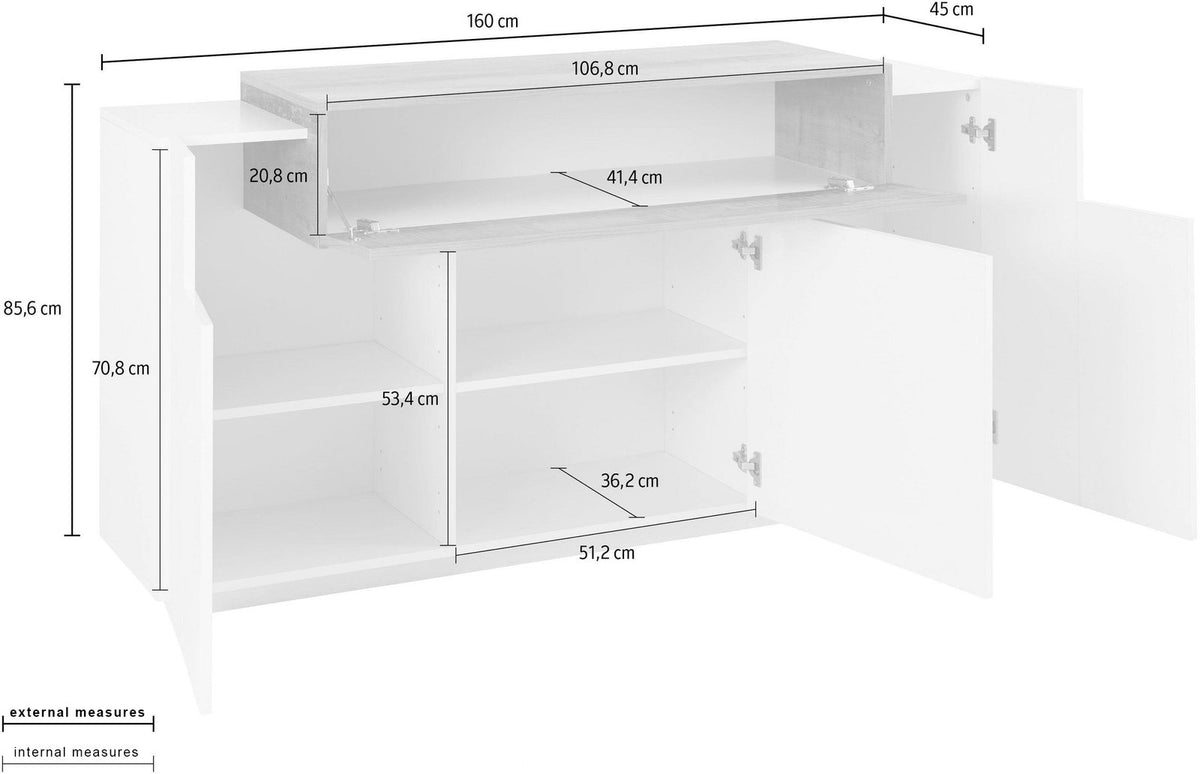Misure della credenza CELESTIA: 160 cm di larghezza, 45 di profondità e 85,6 di altezza #colore_Bianco Lucido/Antracite Opaco