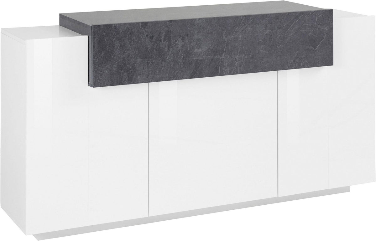 Credenza CELESTIA bianco lucido con fascia superiore antracite, vista di tre quarti #colore_Bianco Lucido/Antracite Opaco