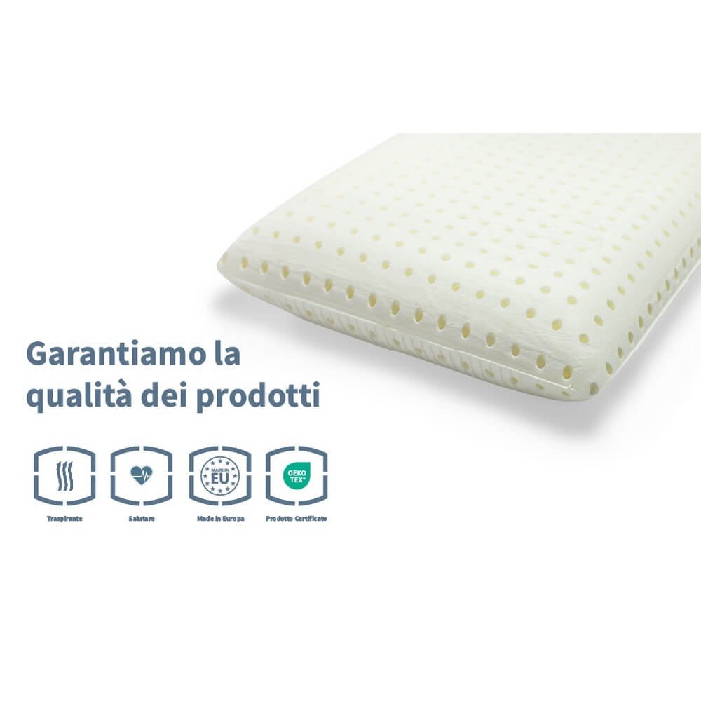 Guanciale NUVOLA bianco crema forato, vista diagonale su fondo bianco con icone di certificazione