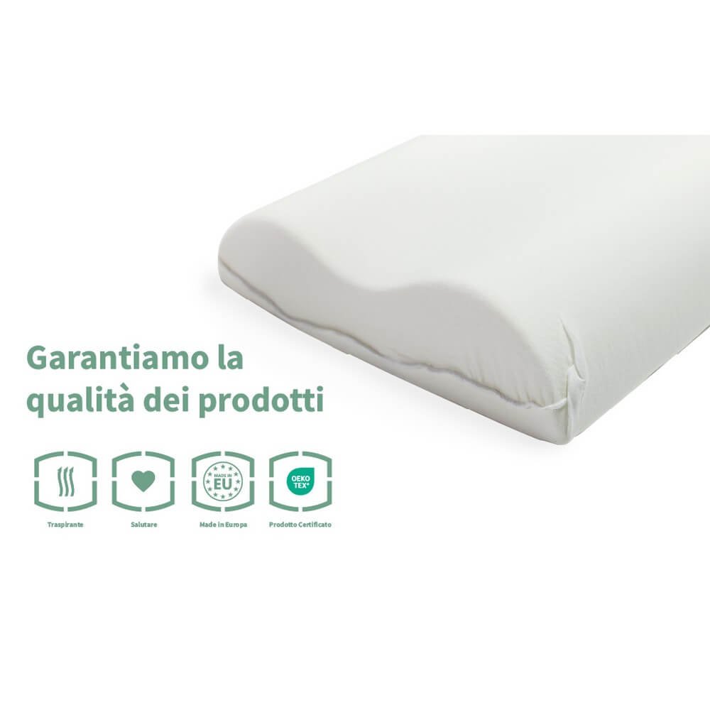 Guanciale cervicale panna con profilo a onde visto in tre quarti, su fondo bianco