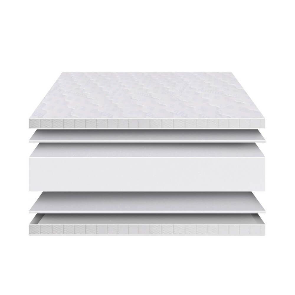 Materasso NUBE esploso in strati sospesi, con scritte NATURAL e BREATH sul rivestimento