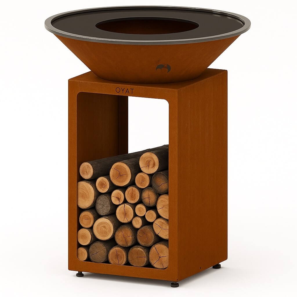 Braciere da giardino BBO 78 in acciaio corten cognac, vista tre quarti su sfondo bianco