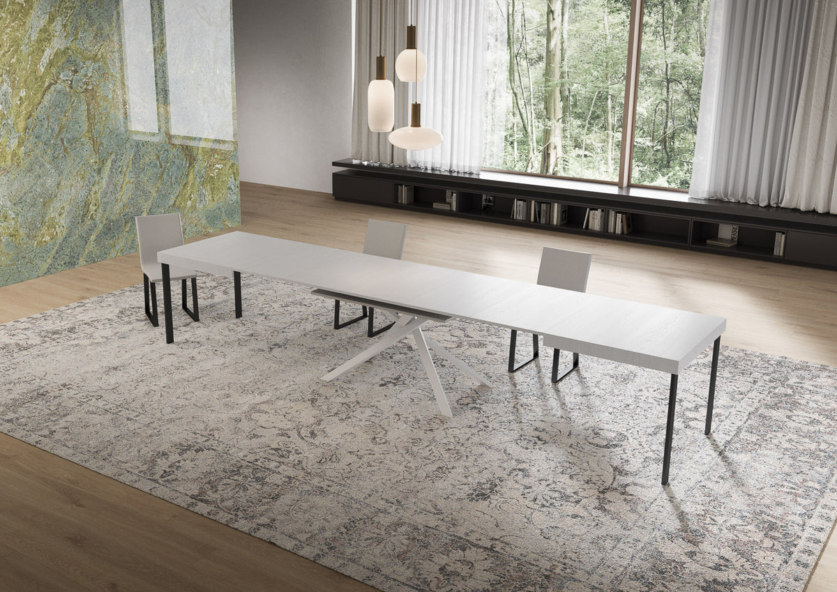 Tavolo NIKET bianco frassino molto allungato e stretto, con base a X bianca centrale #colore_Bianco Frassino