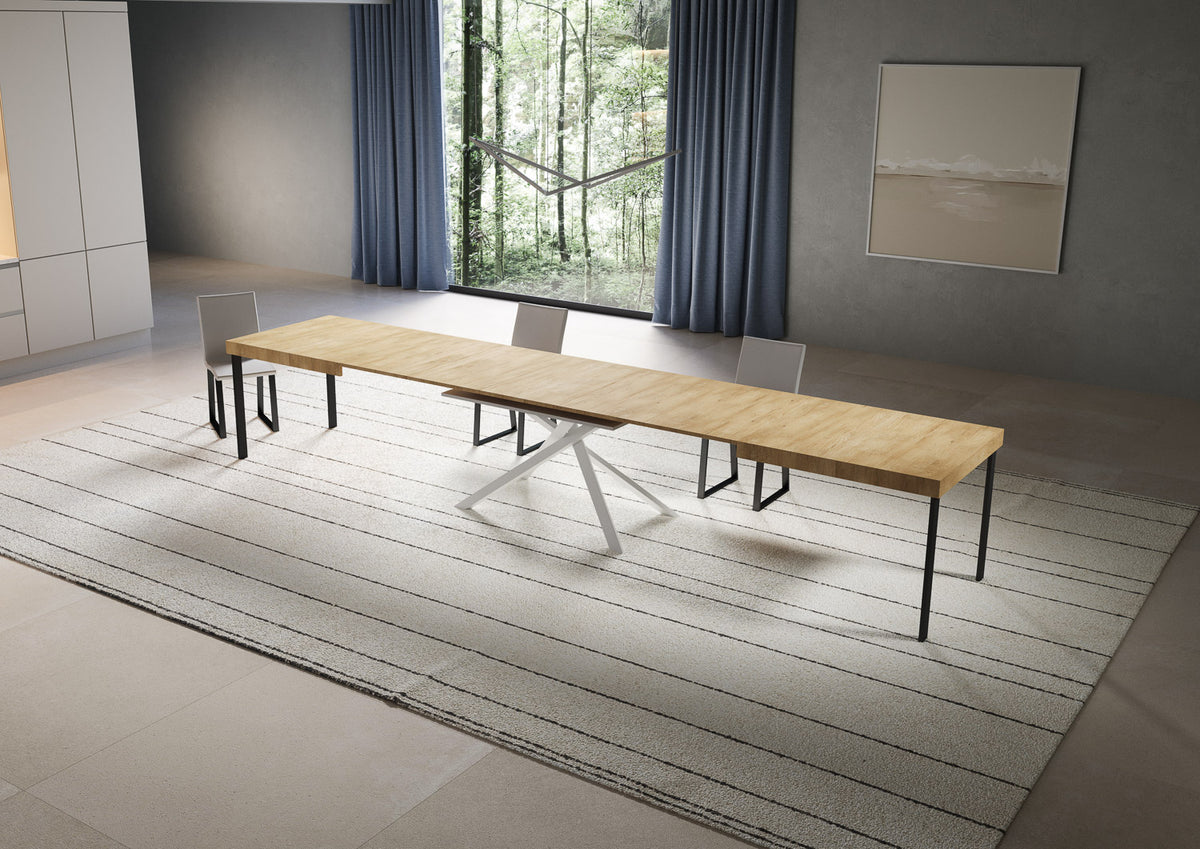 Tavolo NIKET quercia naturale aperto con supporto centrale bianco a rombo e gambe nere #colore_Quercia Natura