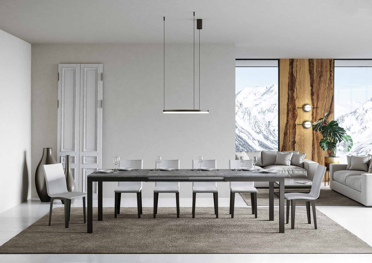 Tavolo EVERYDAY EVOLUTION cemento allungato con prolunga inserita a metà, vista frontale #colore_Cemento