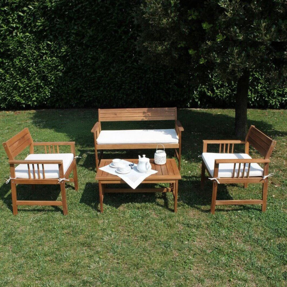 Salotto da giardino AURELIO marrone con cuscini legati e lanterna bianca sul tavolino, vista frontale #colore_Marrone