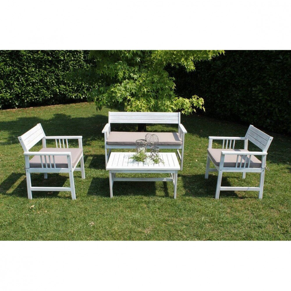 Salotto da giardino AURELIO bianco su prato con portacandele argentati sul tavolino, vista frontale #colore_Bianco