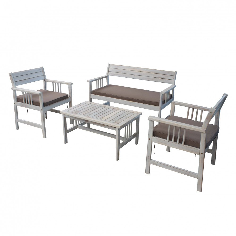 Salotto da giardino AURELIO bianco con cuscini marrone taupe su sfondo bianco, vista di tre quarti #colore_Bianco