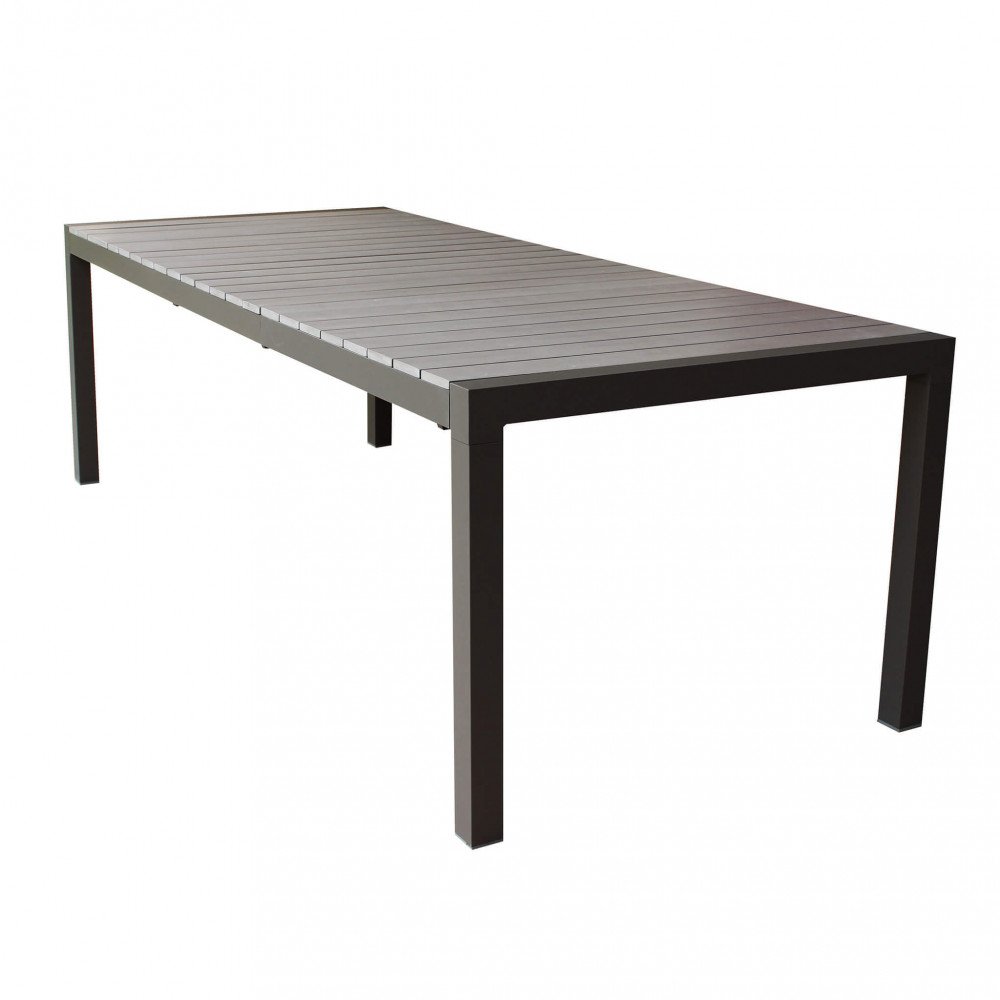 Tavolo WAIKIKI taupe chiuso, struttura in alluminio grigio scuro e piano in doghe polywood