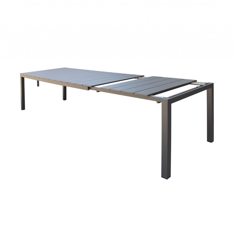 Tavolo da giardino allungabile in alluminio taupe con spazio centrale aperto e binari visibili