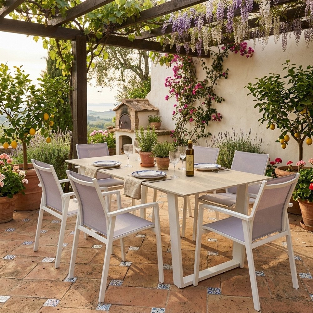 Tavolo da giardino WHITMAN bianco allungabile con piano beige, sei sedie e vista di tre quarti