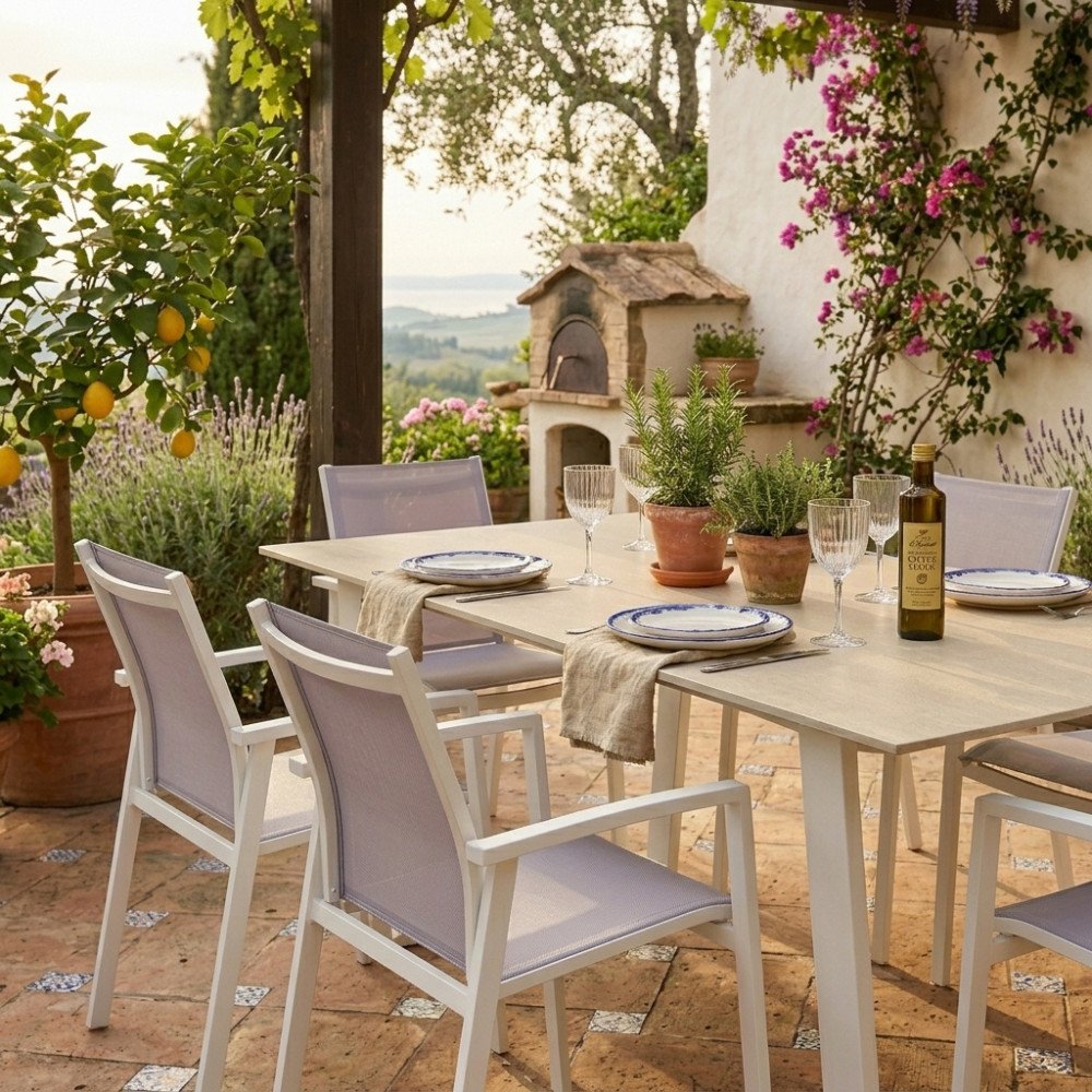 Tavolo WHITMAN bianco in giardino con piante aromatiche e sedie a rete sul patio in cotto