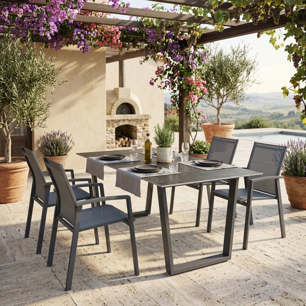 Tavolo WHITMAN 2 antracite in alluminio apparecchiato su terrazza con sei sedie e pergola