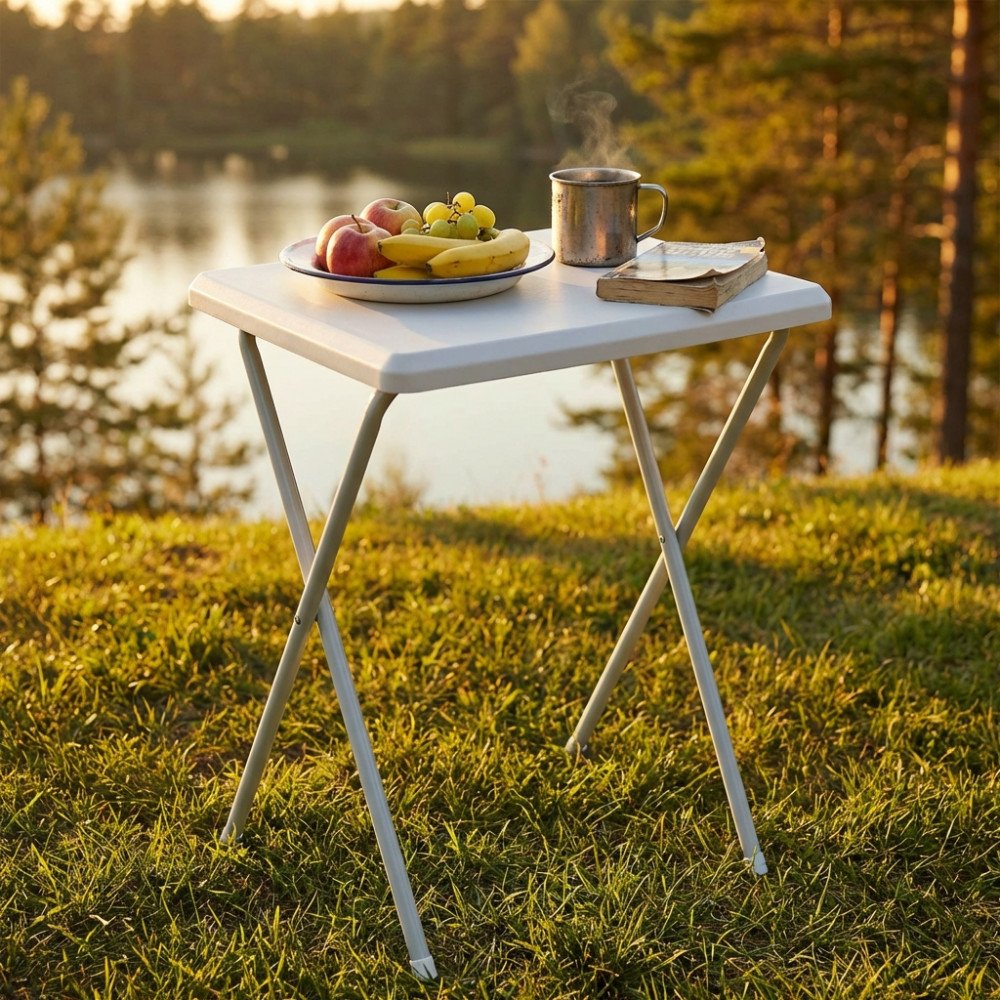 Tavolino pieghevole rettangolare bianco aperto su prato, con frutta, libro e tazza, vista di tre quarti