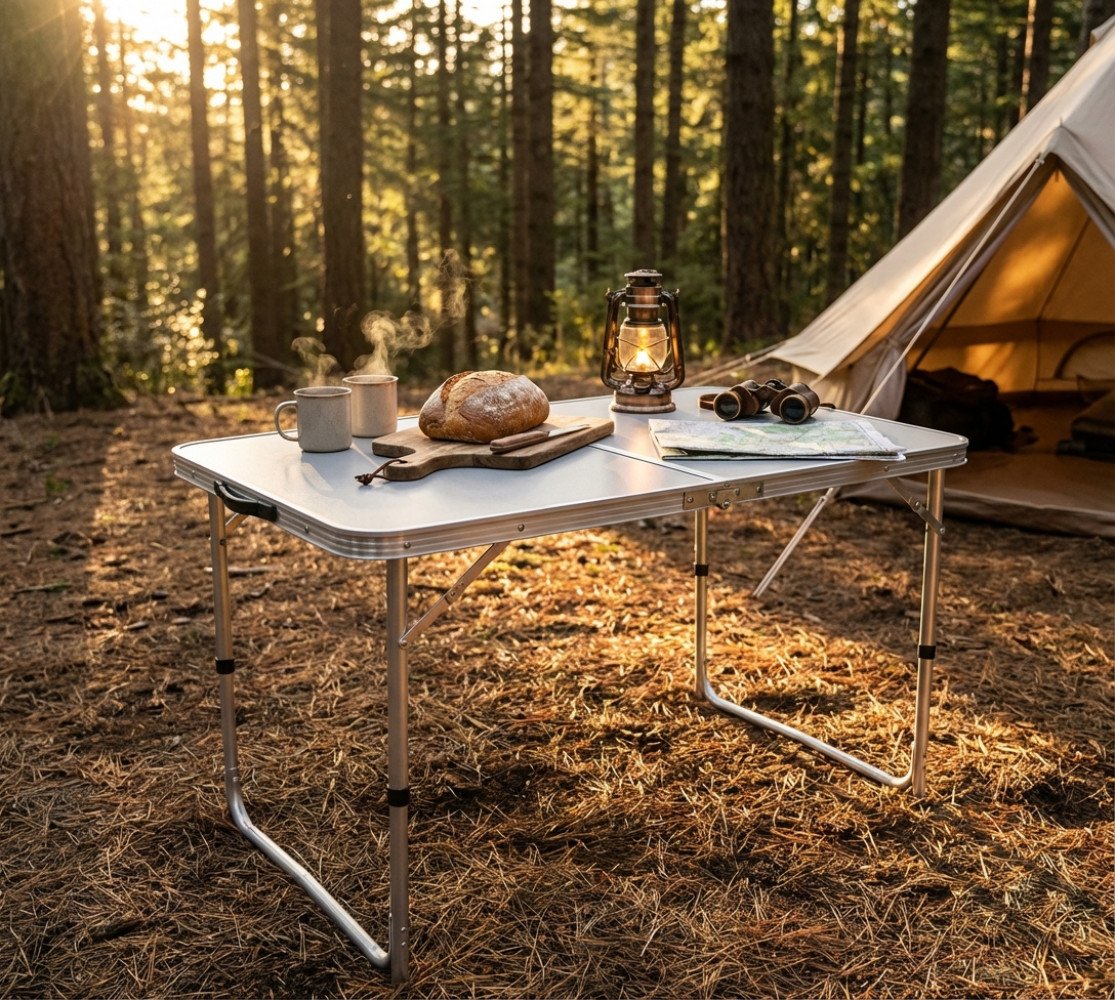 Tavolo rettangolare in alluminio bianco montato nel bosco con tazze e lanterna sul piano