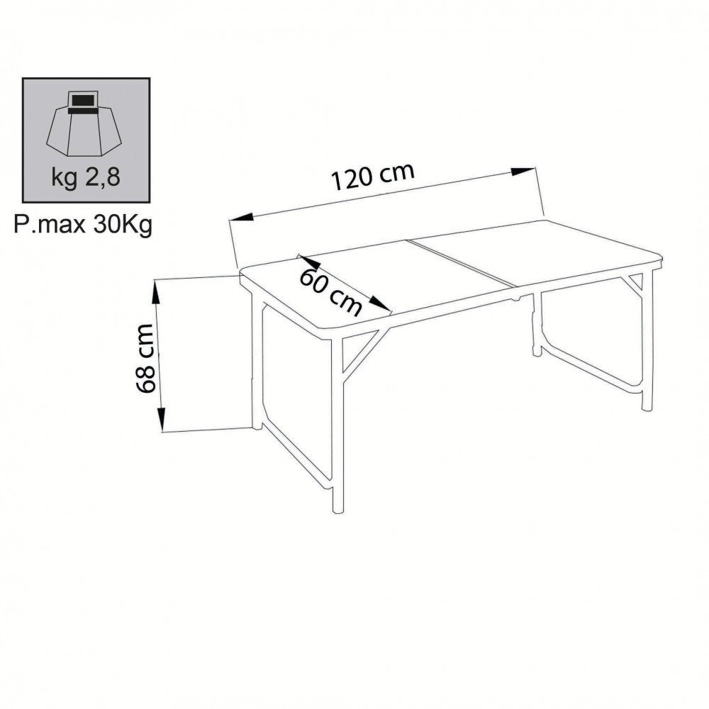 Schema del tavolo pieghevole bianco con misure 120, 60 e 68 cm