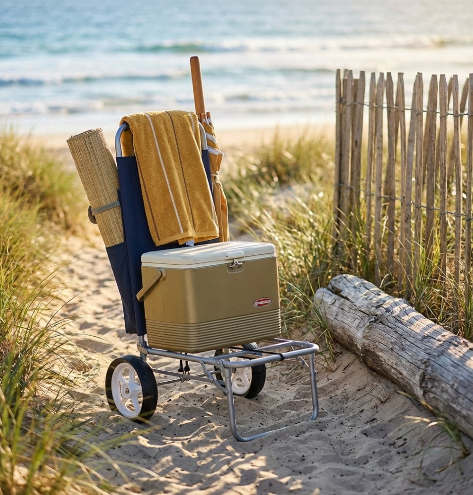 Carrello da spiaggia pieghevole BLU in acciaio su sabbia con dune, mare sullo sfondo
