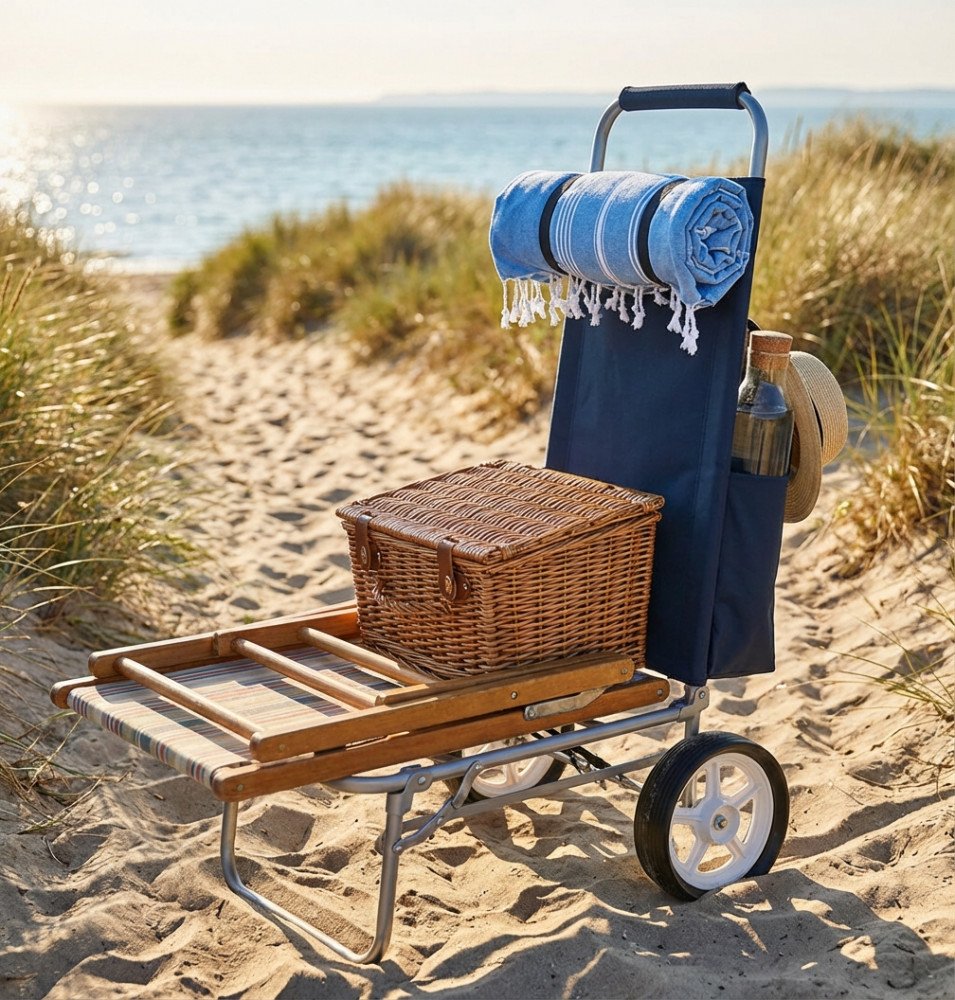 Carrello da spiaggia pieghevole BLU in esterno, vista tre quarti con cesto in vimini