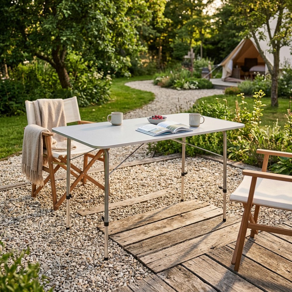 Tavolino pieghevole PROFESSIONAL bianco in giardino con sedie, vista a tre quarti