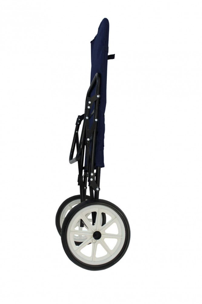 Carrello SIRIO blu chiuso in verticale, vista laterale su fondo bianco