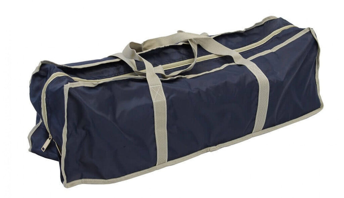 Borsa porta-stendino blu con manici beige, sfondo bianco, senza stendibiancheria visibile