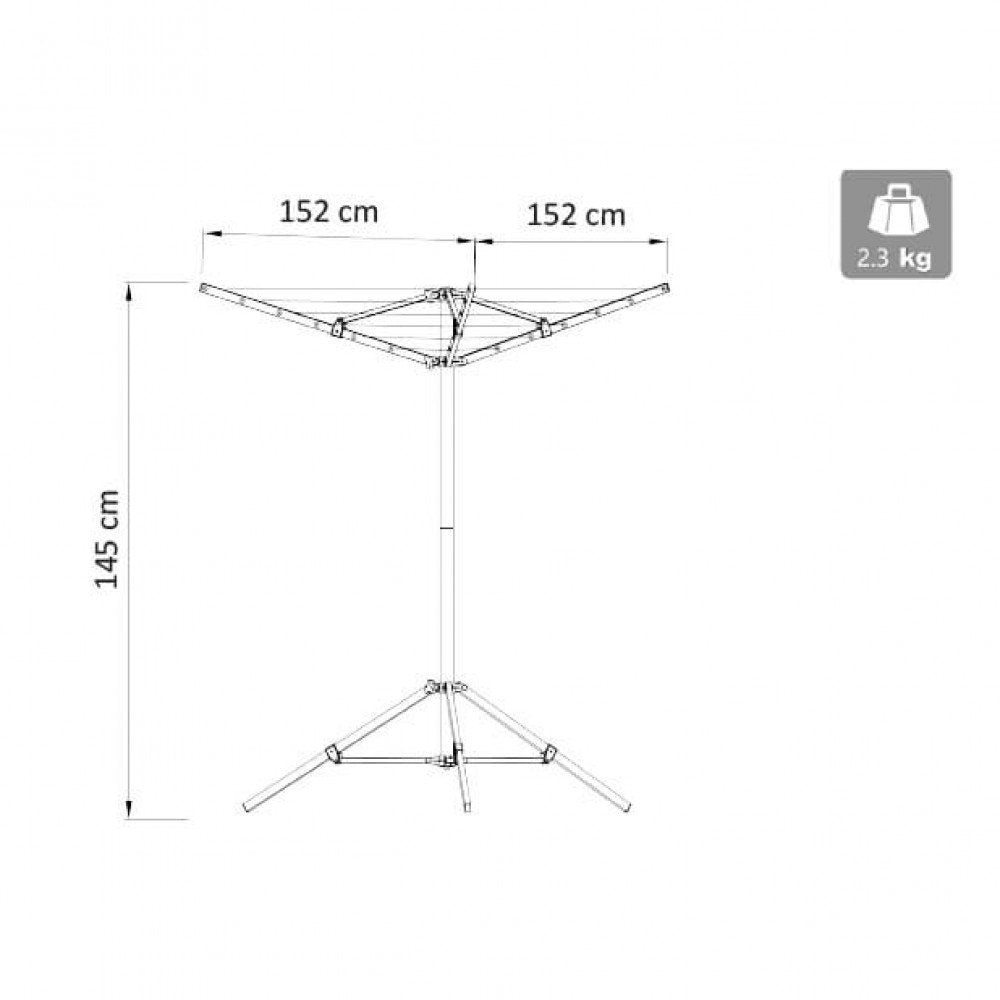 Misure dello stendibiancheria in alluminio: 145 cm di altezza e 152 cm per lato