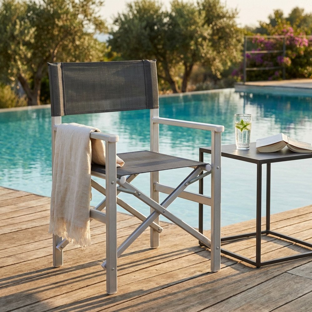 Sedia da regista REGISTA SIENA nera su decking, vista di tre quarti con piscina sullo sfondo