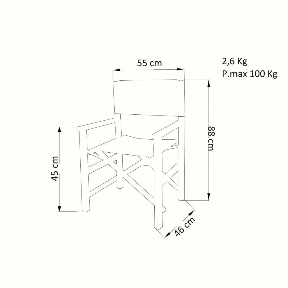 Disegno tecnico della sedia REGISTA SIENA: larghezza seduta 55 cm, altezza 88 cm, profondità 46 cm