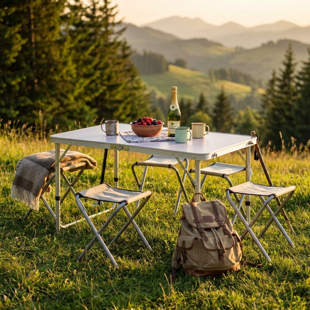 Set tavolo pieghevole in alluminio bianco con sgabelli, tavolo quadrato su prato con montagne sullo sfondo