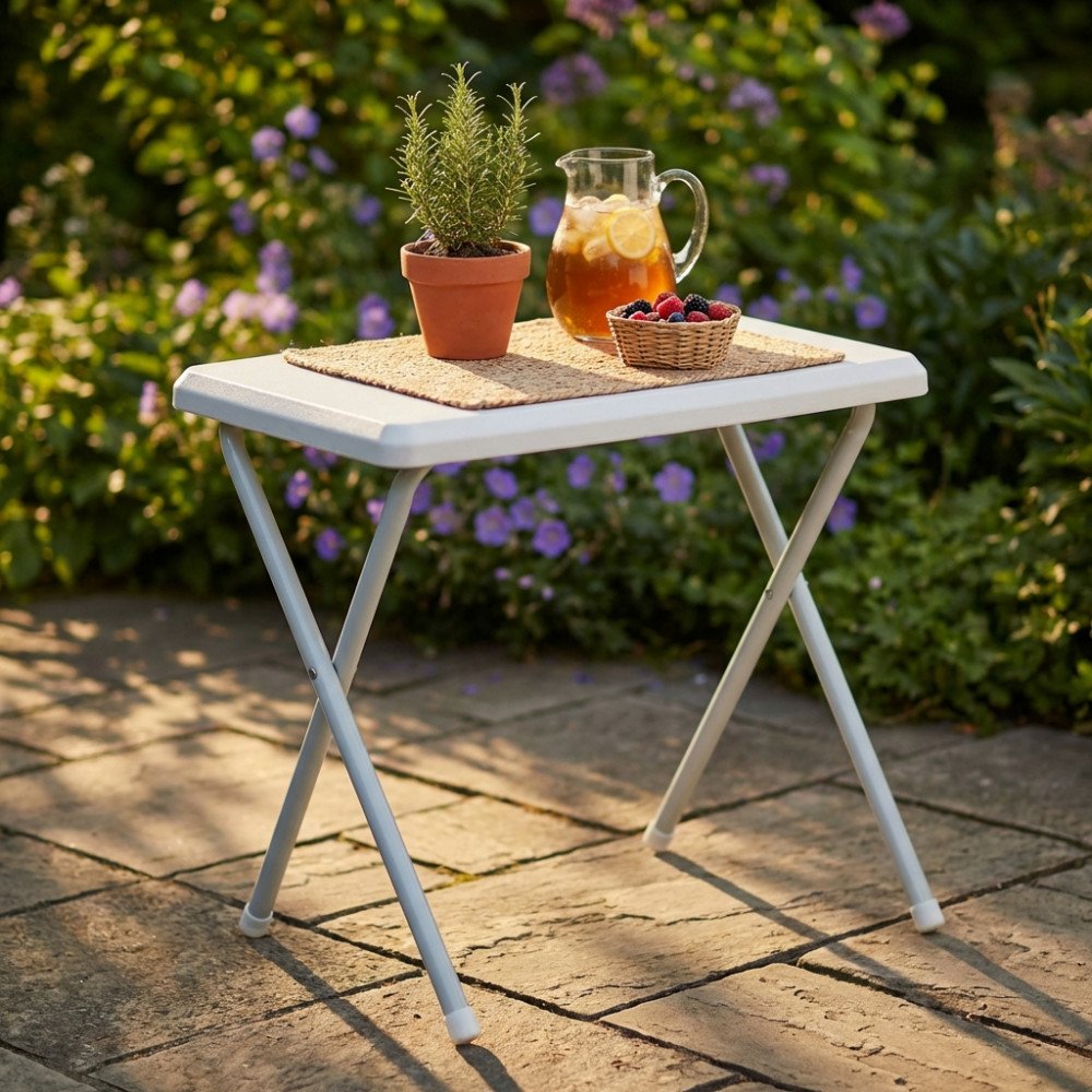 Tavolino pieghevole bianco con gambe a incrocio in posizione aperta, con piantina e brocca in giardino