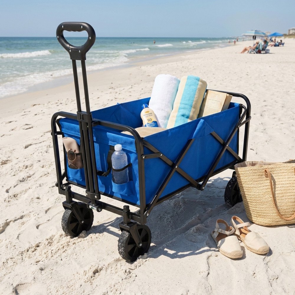 Carrello ADRIATIC blu caricato di asciugamani e crema solare sulla spiaggia, vista a tre quarti