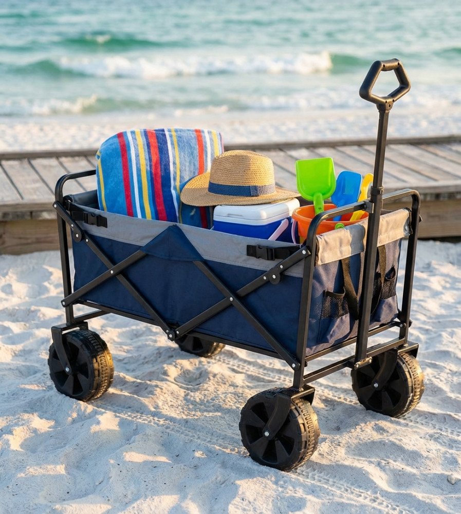 Carrello pieghevole PACIFIC blu montato sulla sabbia con telo mare e borsa termica, vista laterale