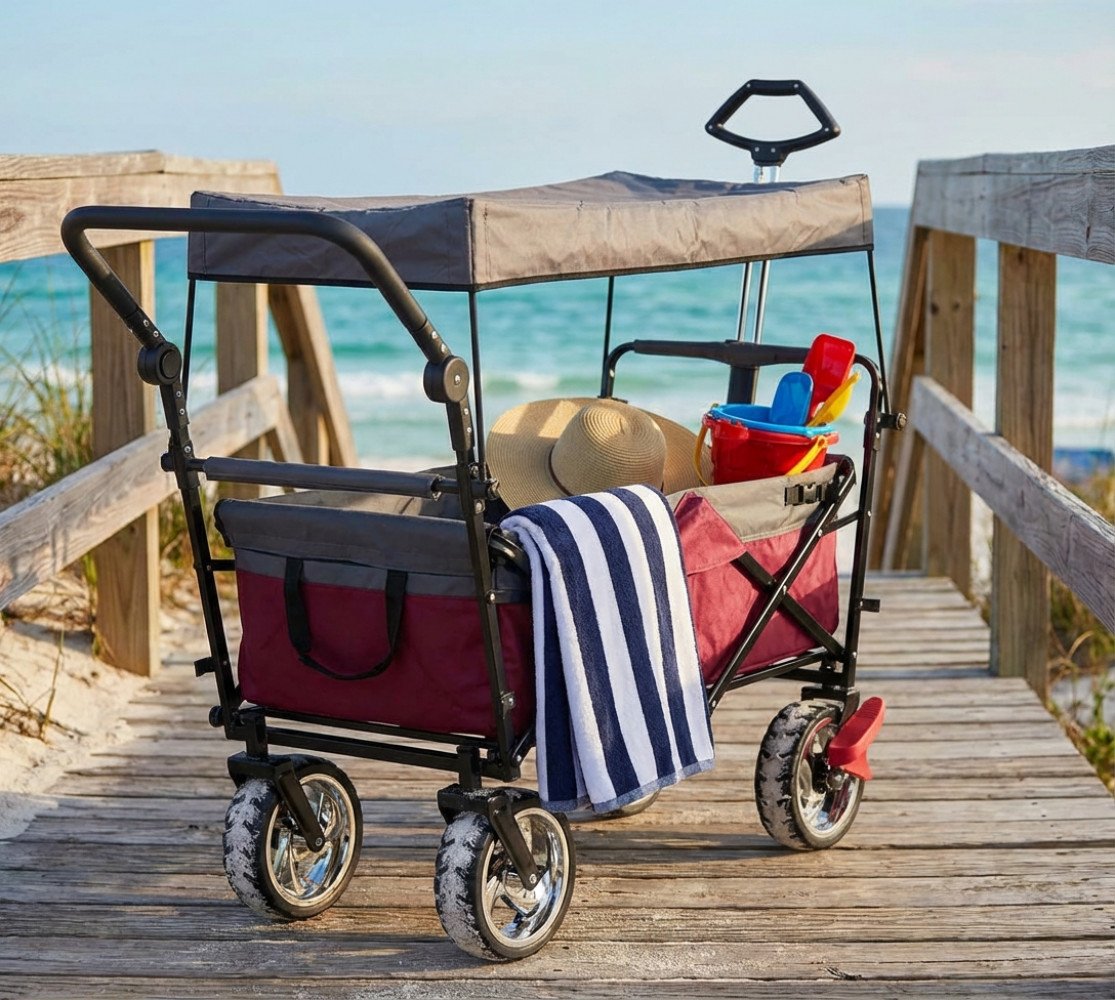 Carrello da spiaggia BALTIC blu di lato su passerella di legno, ruote con fermi rossi