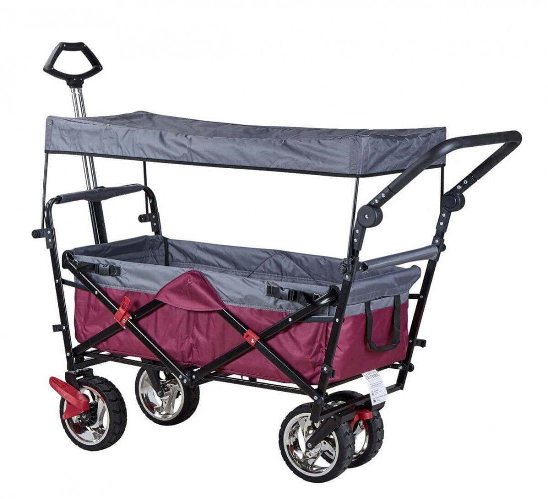 Carrello da spiaggia BALTIC blu aperto con tettuccio grigio, vista tre quarti su fondo bianco