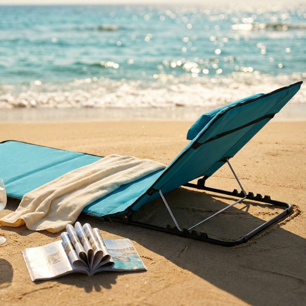 Lettino prendisole PALAU azzurro su spiaggia di sabbia, schienale reclinato, vista laterale verso il mare