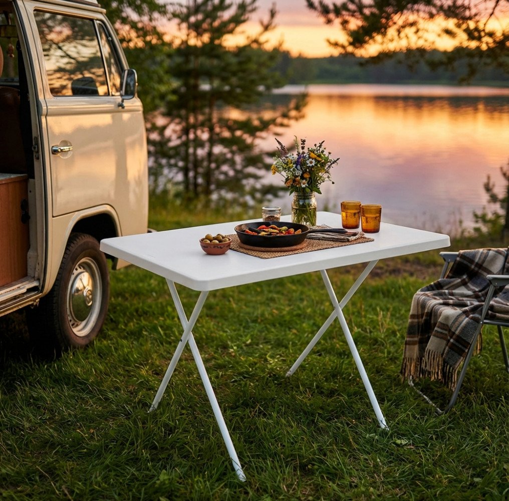 Tavolino pieghevole bianco a X apparecchiato all'aperto accanto a un camper beige