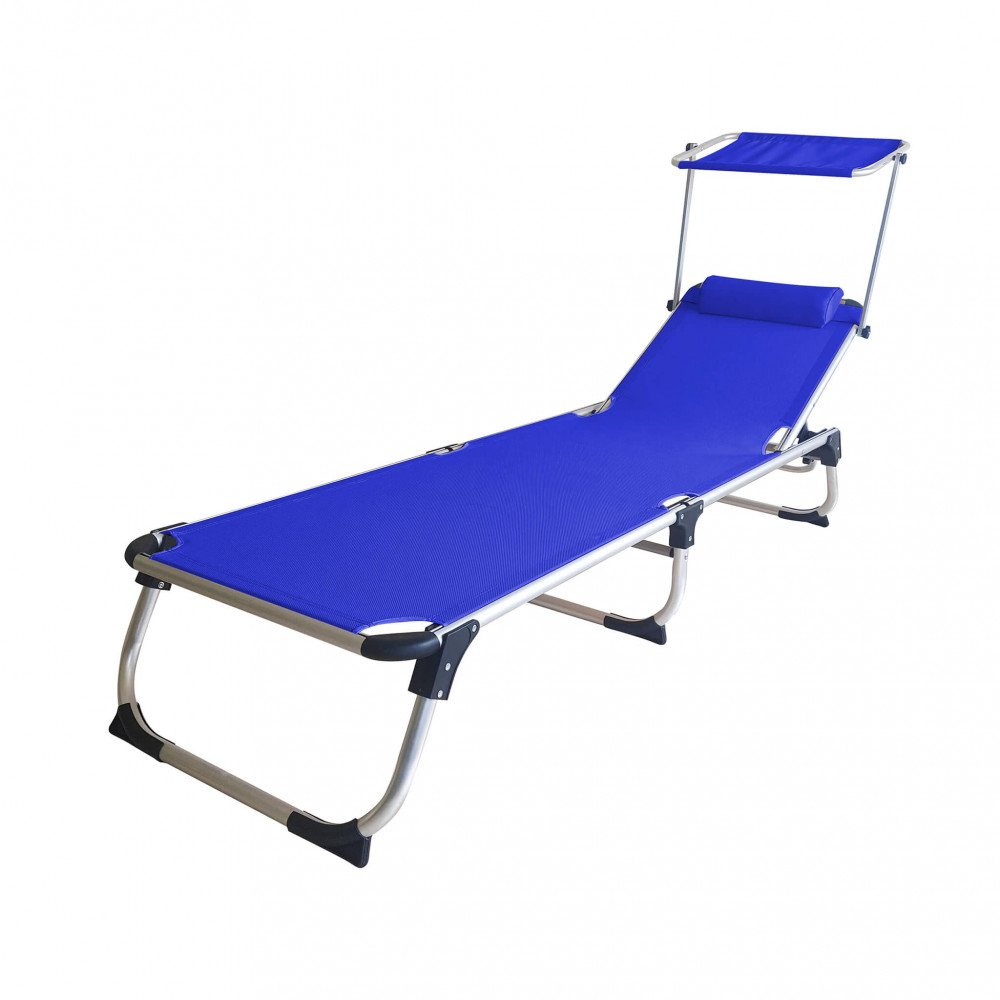 Lettino prendisole KAMP con tettuccio parasole, vista di tre quarti, colore blu #colore_Blu