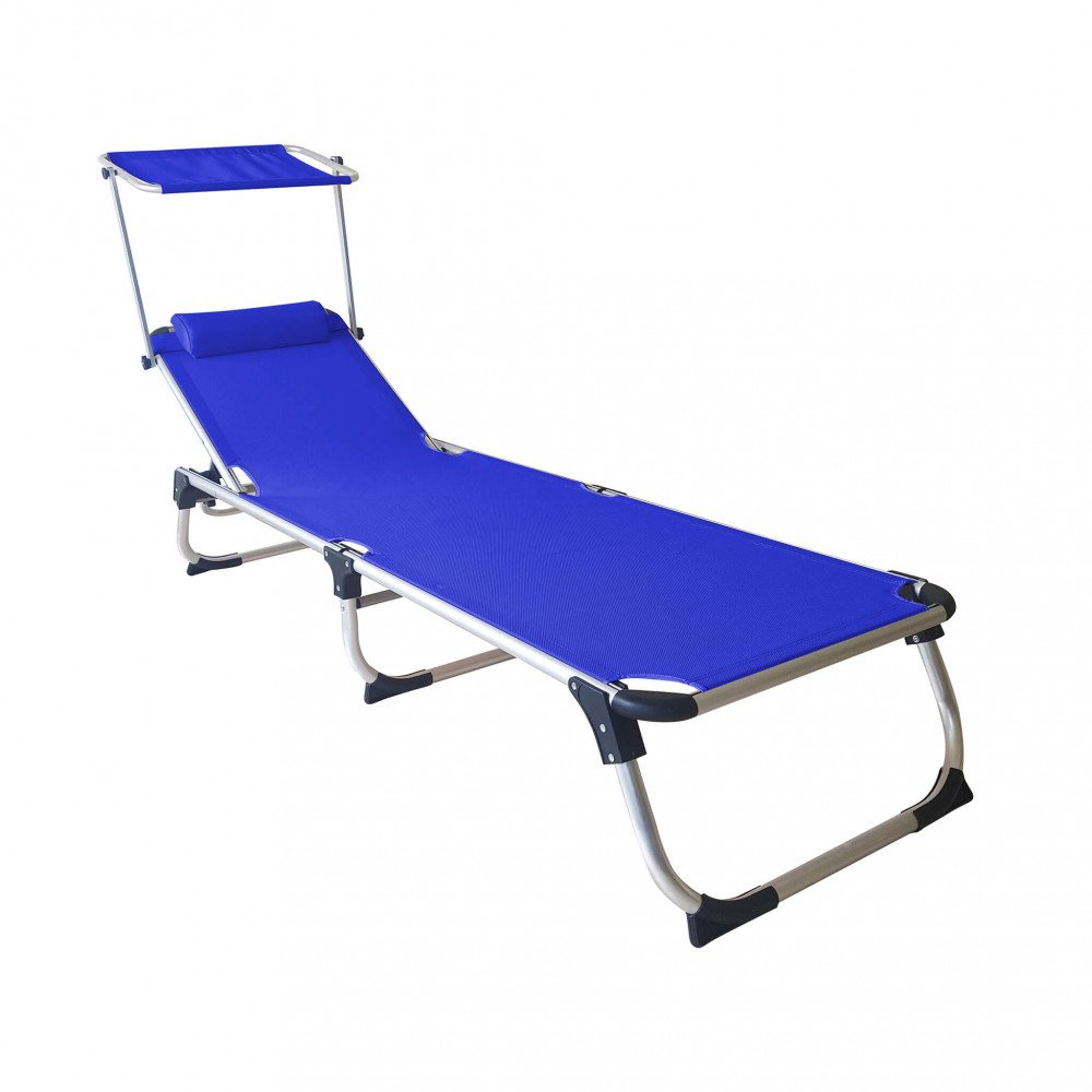 Lettino prendisole KAMP blu con poggiatesta e tettuccio, vista di tre quarti #colore_Blu