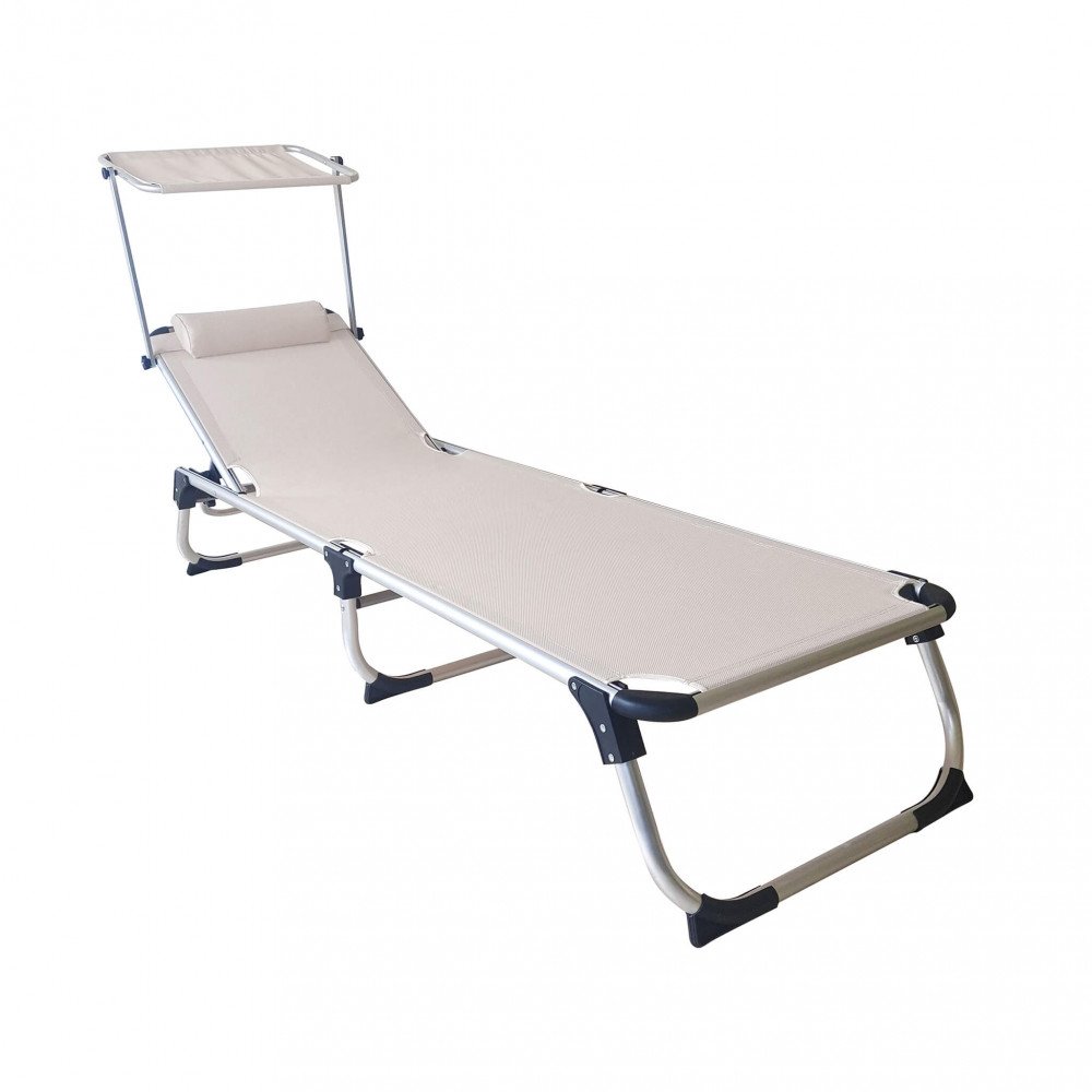 Lettino prendisole KAMP beige con tettuccio piatto, vista di tre quarti #colore_Beige